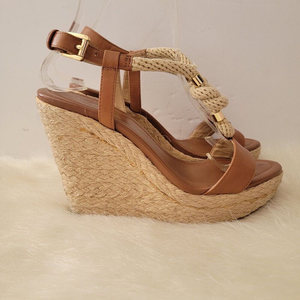 Michael Kors Holly Rope-Trim Leather Wedge Sandals Shoes Tan /brn Wmns Sz 6.5 - Picture 3 of 7